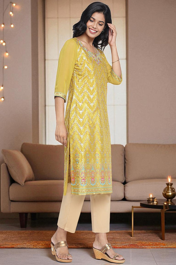 Green Abstract Printed Beads Shantung Straight Kurta