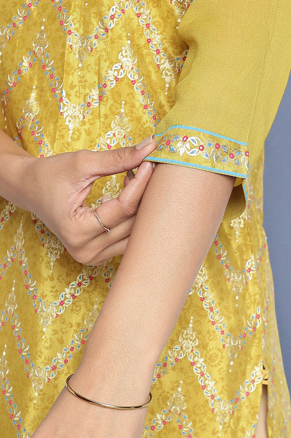 Green Abstract Printed Beads Shantung Straight Kurta