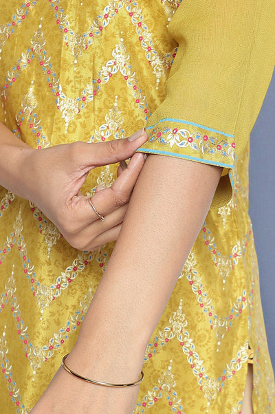 Green Abstract Printed Beads Shantung Straight Kurta