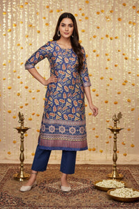 Blue Floral Printed Straight Japanese Satin Kurta