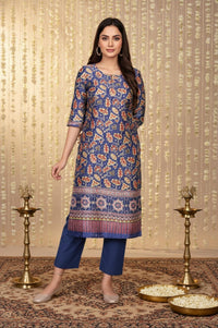 Blue Floral Printed Straight Japanese Satin Kurta