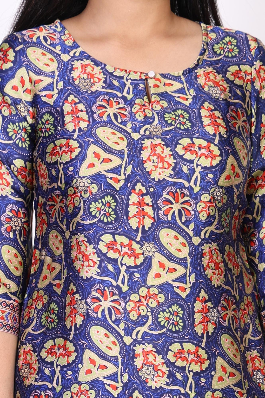 Blue Floral Printed Straight Japanese Satin Kurta