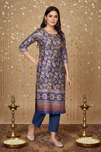 Blue Floral Printed Straight Japanese Satin Kurta
