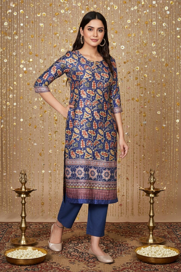 Blue Floral Printed Straight Japanese Satin Kurta