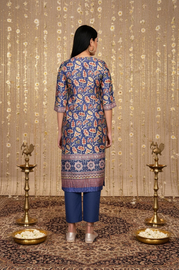 Blue Floral Printed Straight Japanese Satin Kurta
