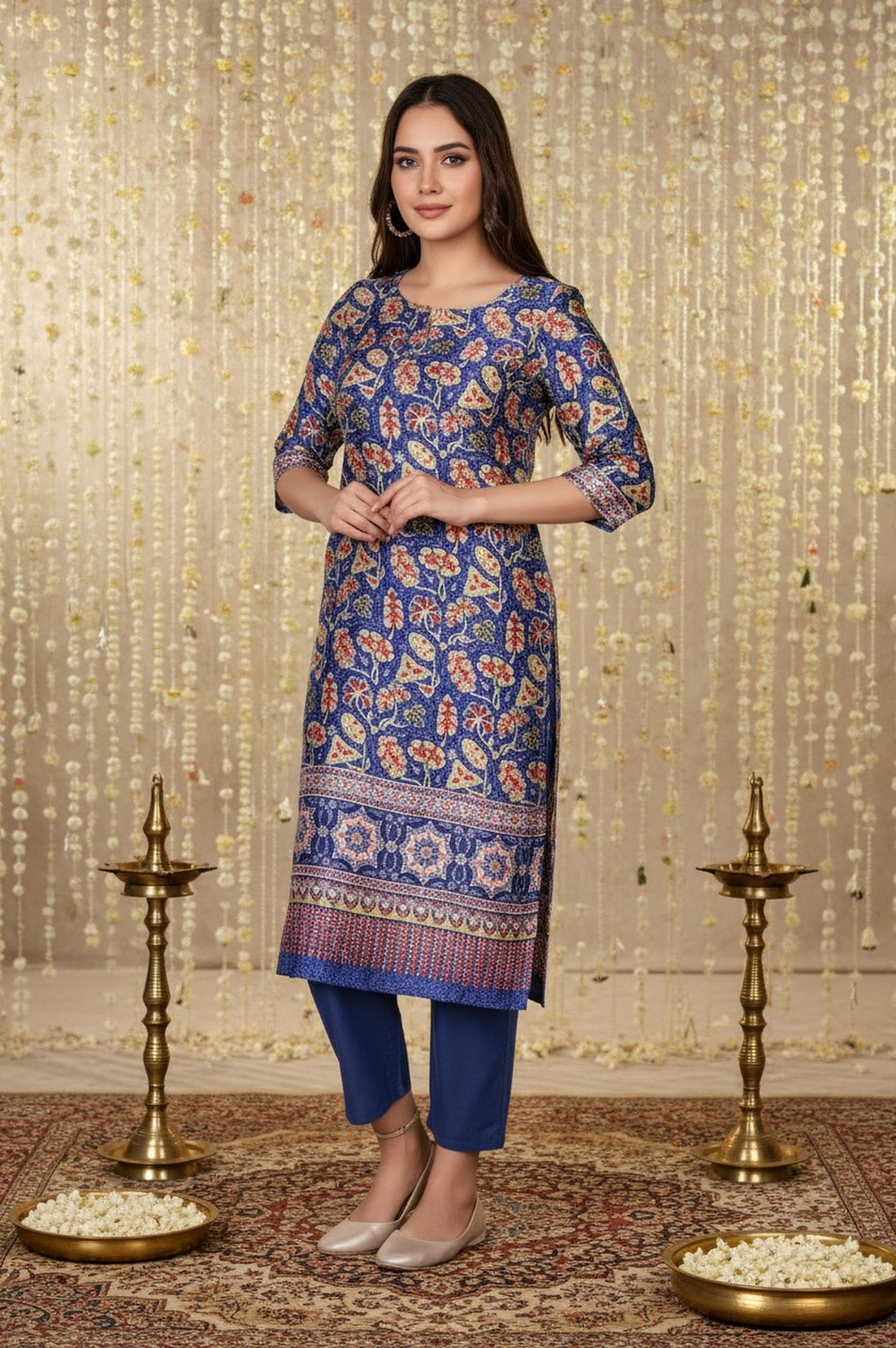 Blue Floral Printed Straight Japanese Satin Kurta