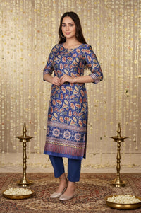 Blue Floral Printed Straight Japanese Satin Kurta