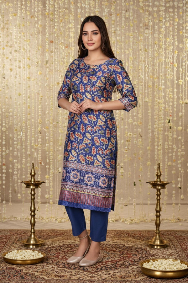 Blue Floral Printed Straight Japanese Satin Kurta