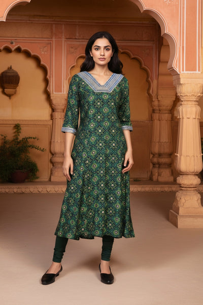 Green Abstract Print Thread Work A-Line Woven Kurta