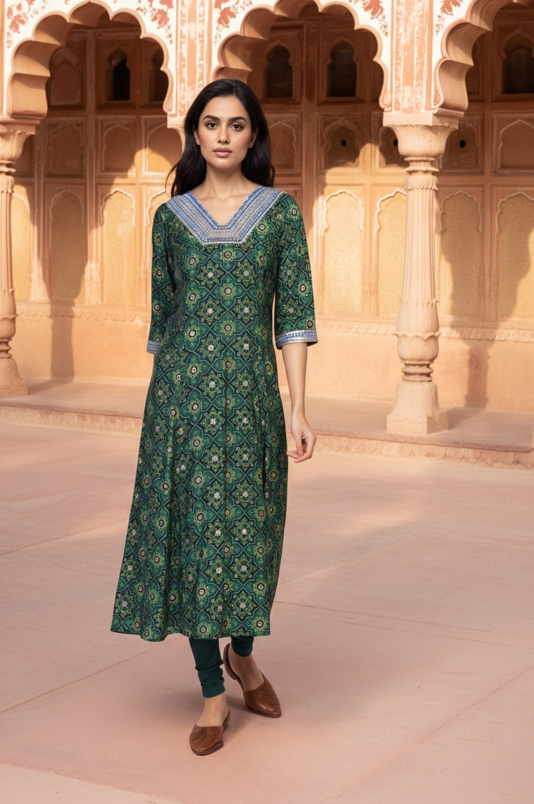 Green Abstract Print Thread Work A-Line Woven Kurta