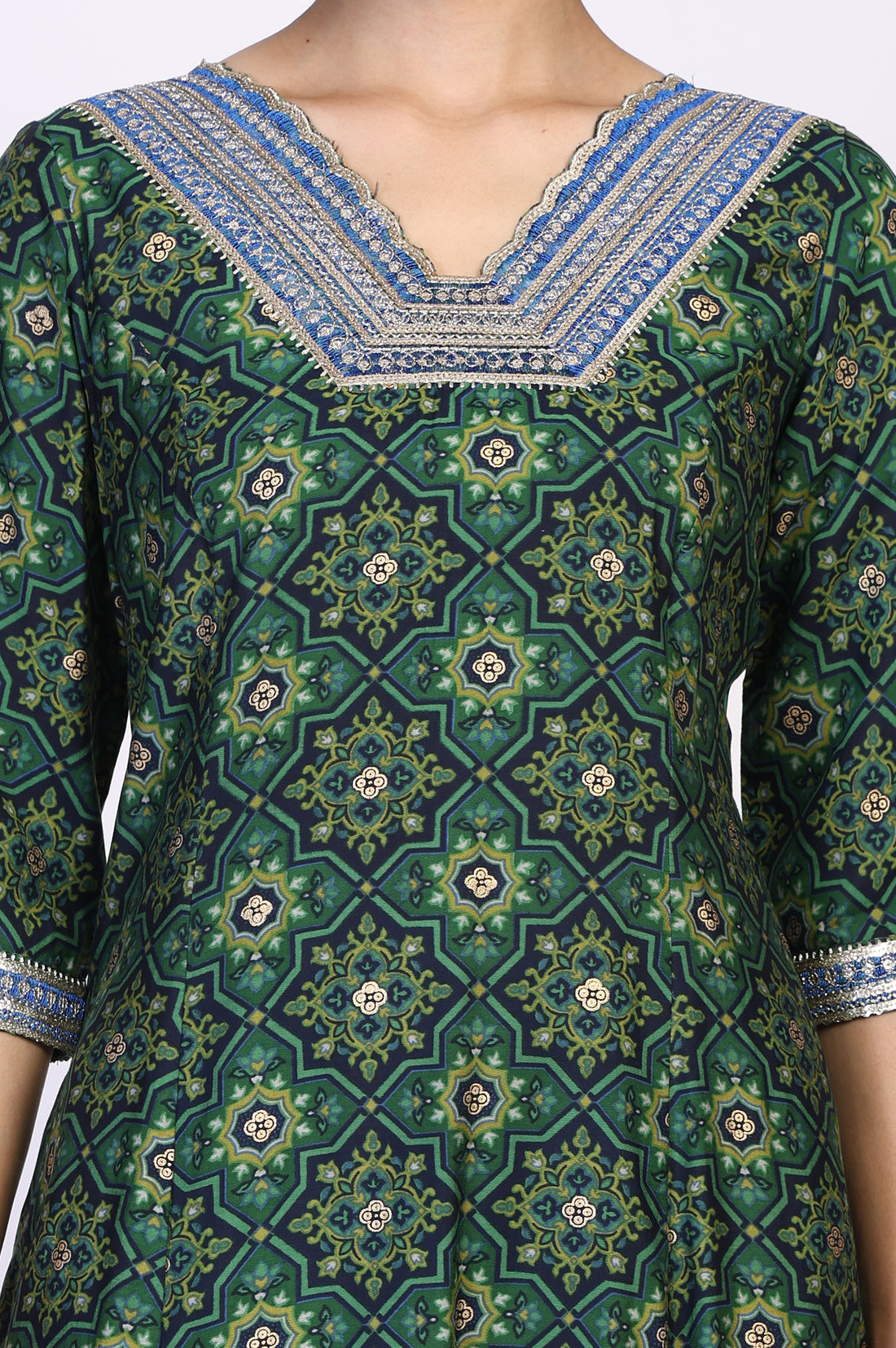 Green Abstract Print Thread Work A-Line Woven Kurta