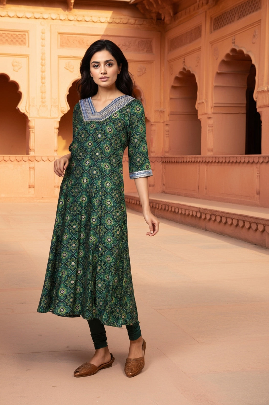 Green Abstract Print Thread Work A-Line Woven Kurta