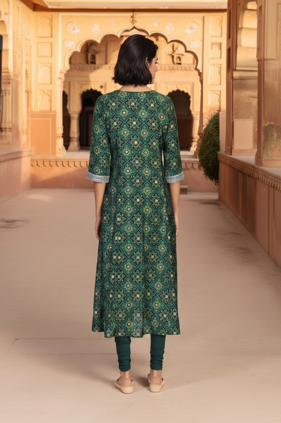 Green Abstract Print Thread Work A-Line Woven Kurta