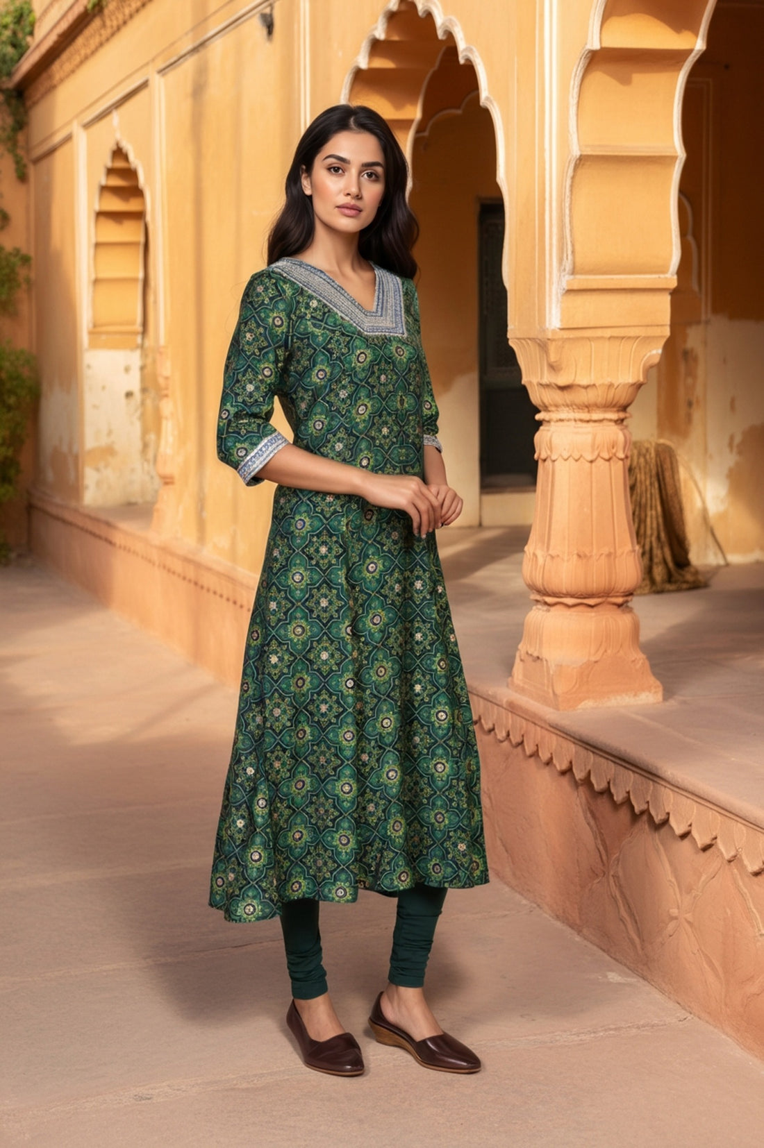Green Abstract Print Thread Work A-Line Woven Kurta