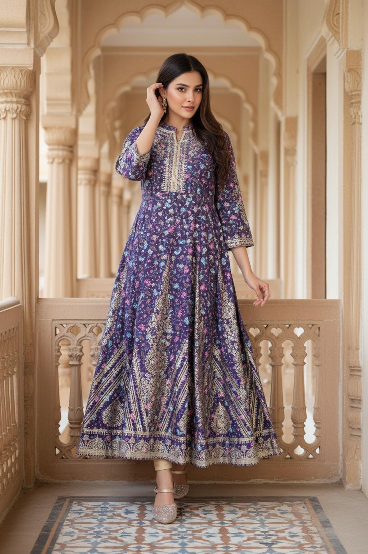 Purple Floral Embroidered Anarkali Muslin Kurta - S