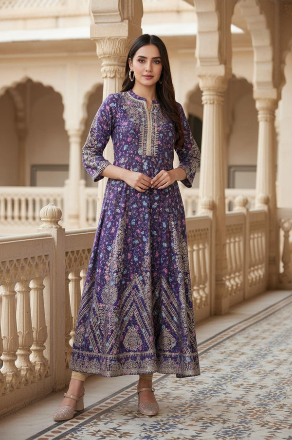 Purple Floral Embroidered Anarkali Muslin Kurta