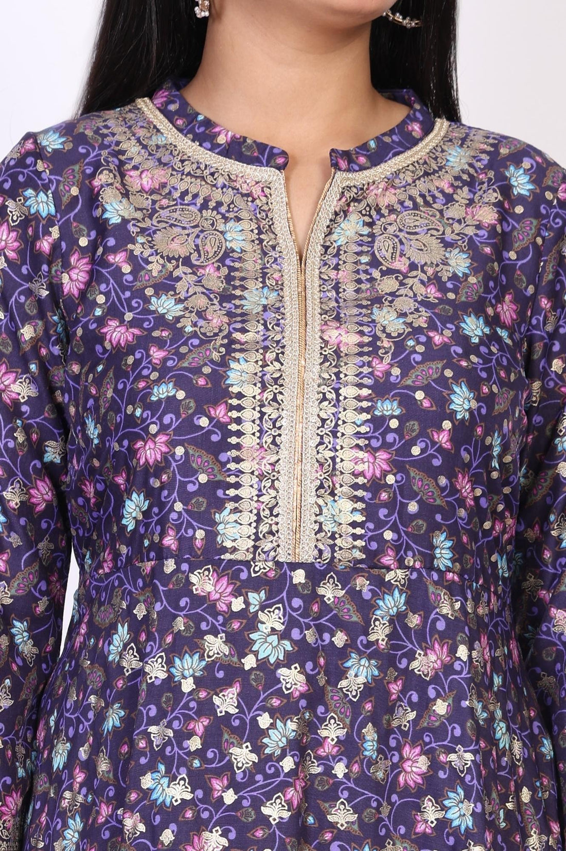 Purple Floral Embroidered Anarkali Muslin Kurta