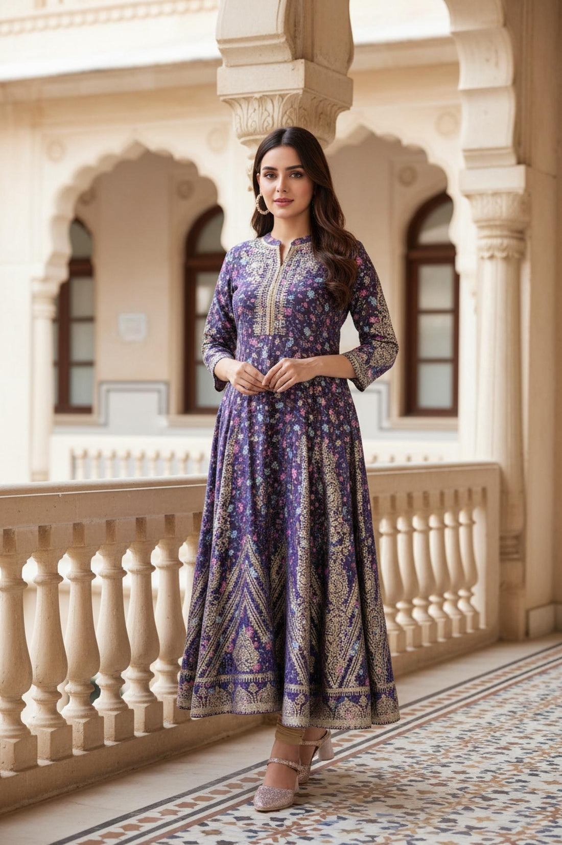 Purple Floral Embroidered Anarkali Muslin Kurta