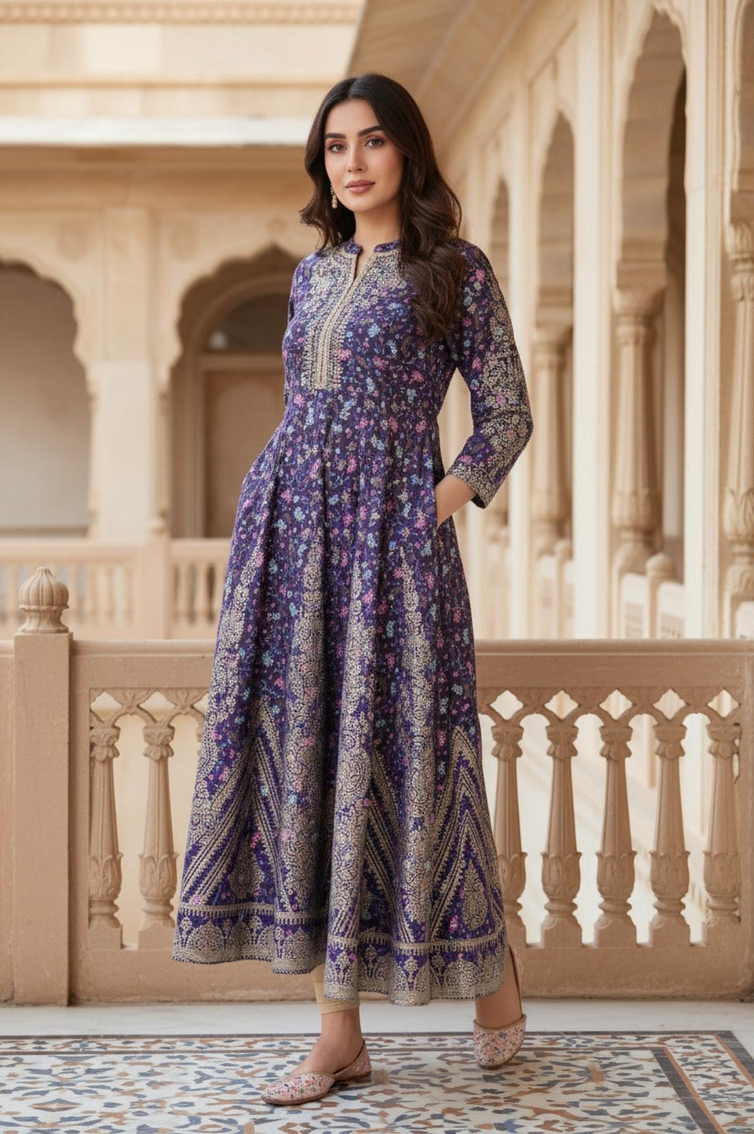 Purple Floral Embroidered Anarkali Muslin Kurta