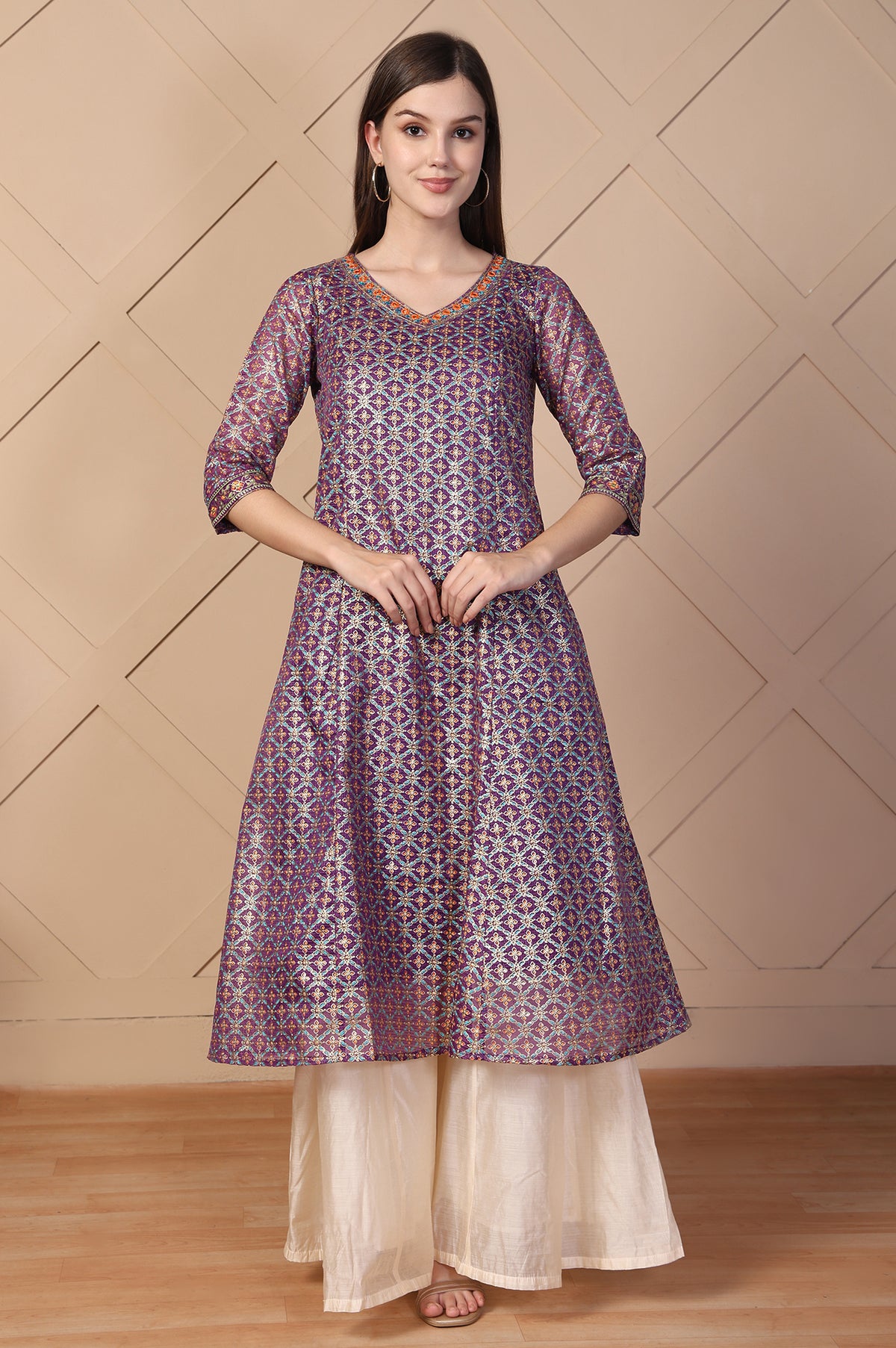 Purple Embroidered A-Line Brocade Kurta - S