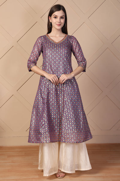 Purple Embroidered A-Line Brocade Kurta