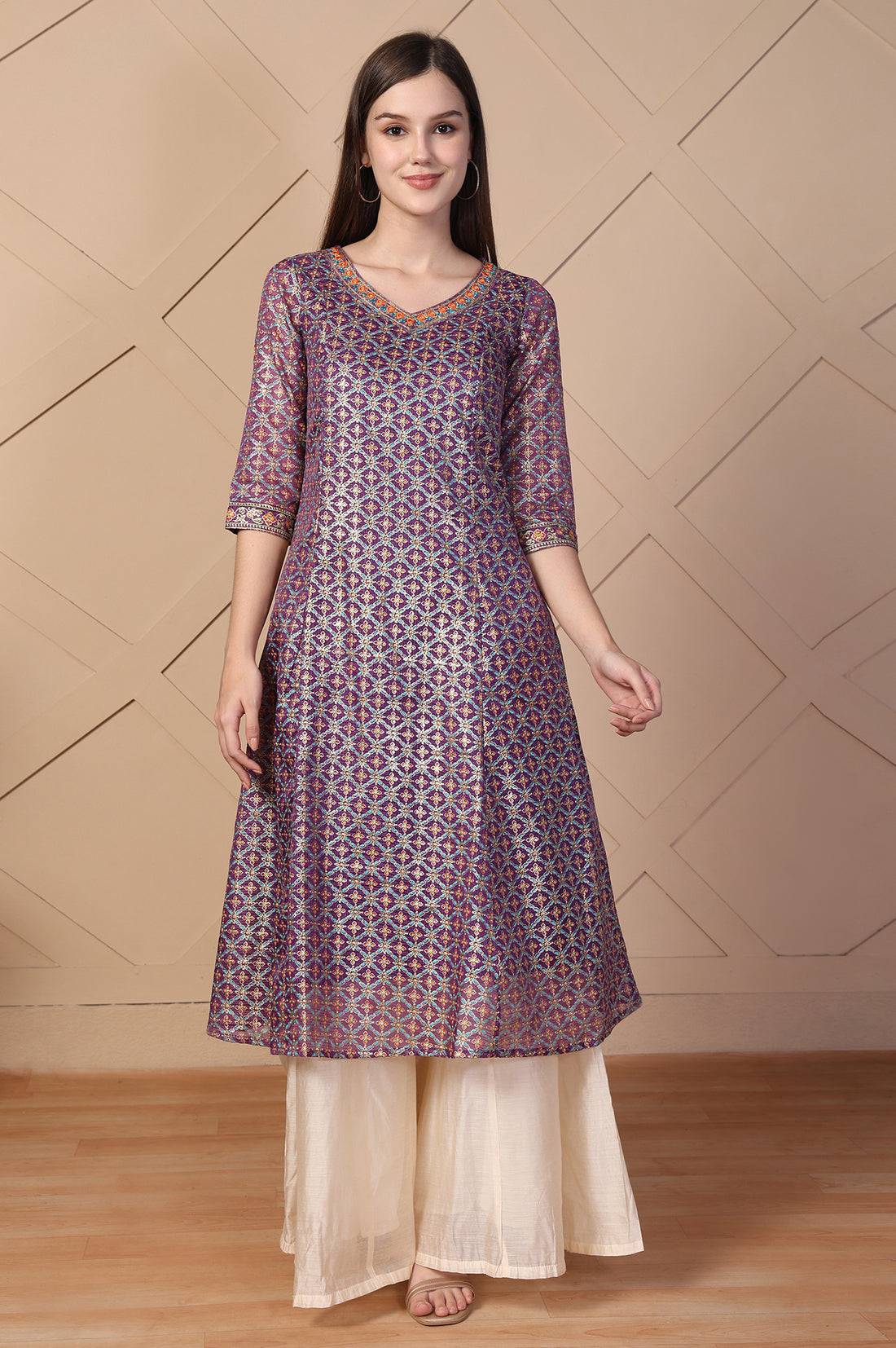 Purple Embroidered A-Line Brocade Kurta
