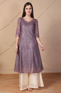 Purple Embroidered A-Line Brocade Kurta