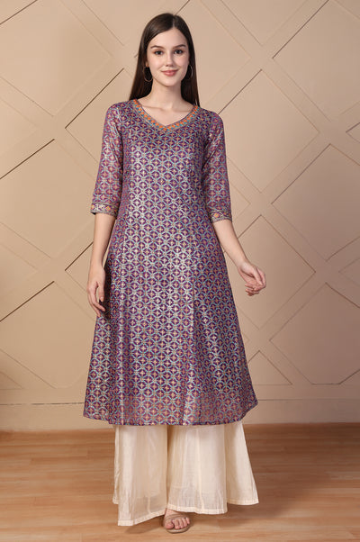 Purple Embroidered A-Line Brocade Kurta