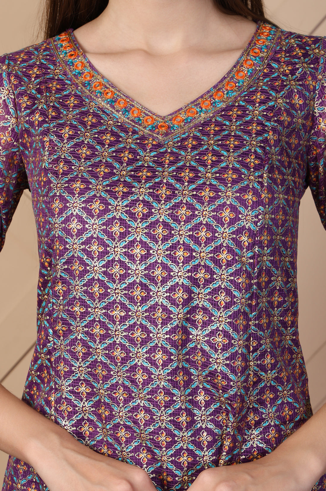 Purple Embroidered A-Line Brocade Kurta