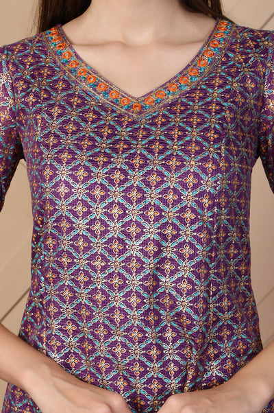 Purple Embroidered A-Line Brocade Kurta