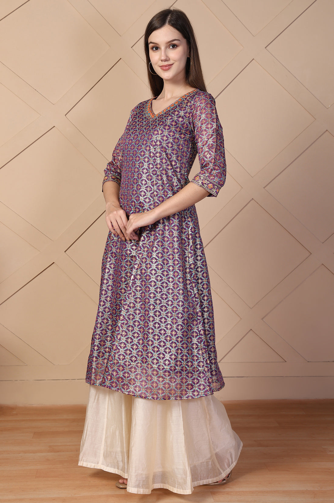 Purple Embroidered A-Line Brocade Kurta
