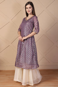 Purple Embroidered A-Line Brocade Kurta