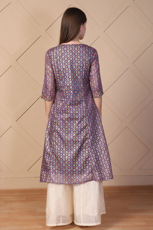 Purple Embroidered A-Line Brocade Kurta
