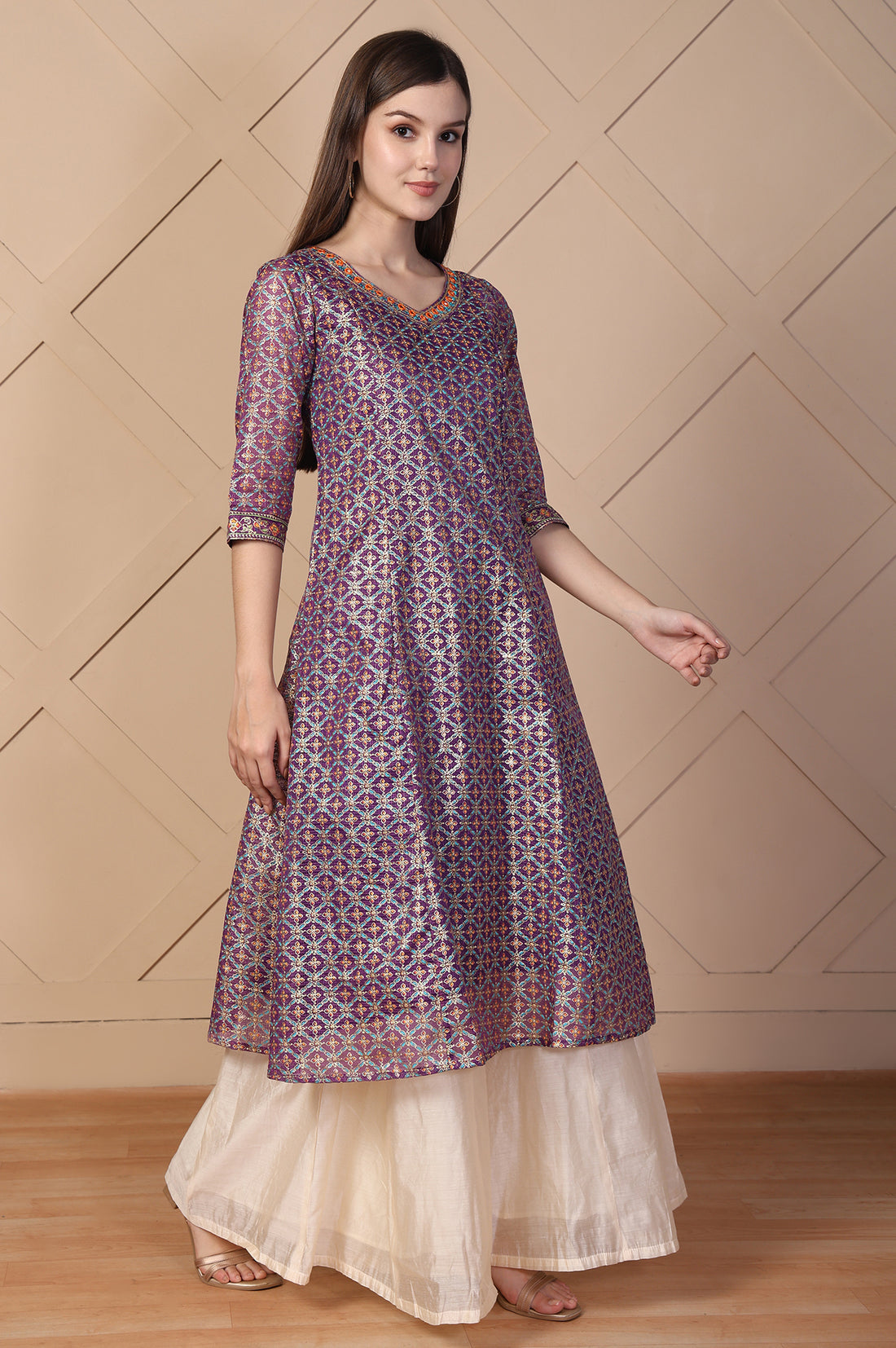 Purple Embroidered A-Line Brocade Kurta
