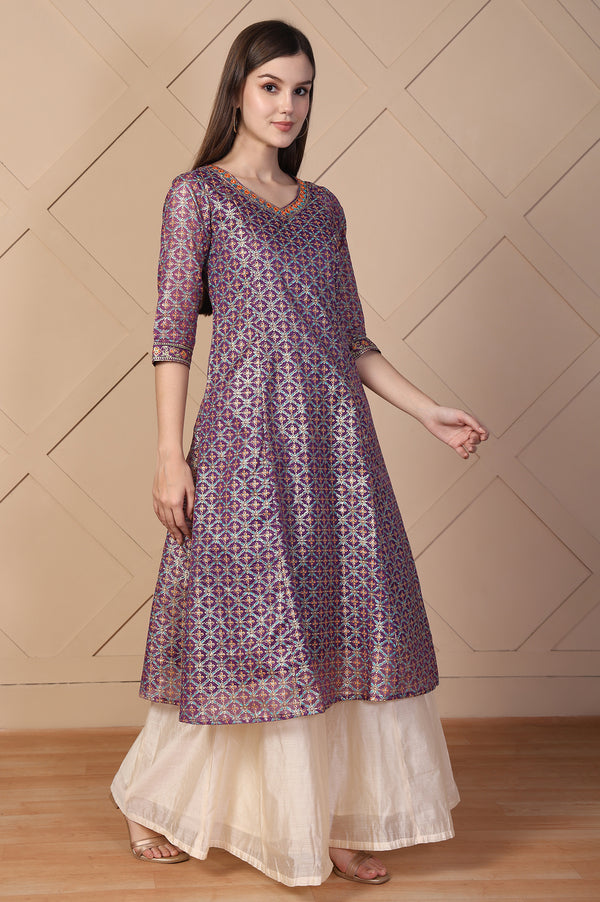Purple Embroidered A-Line Brocade Kurta