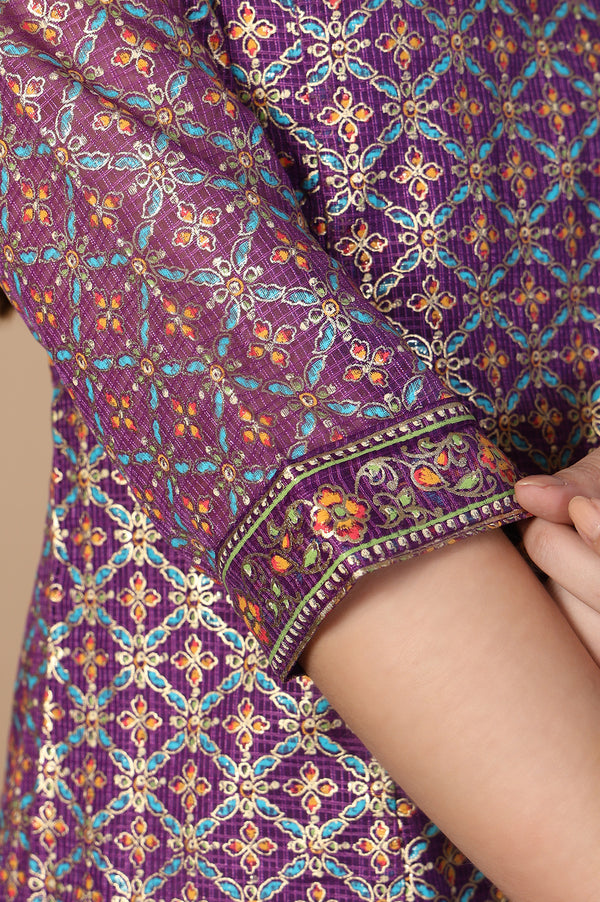 Purple Embroidered A-Line Brocade Kurta