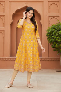 Yellow Floral Embroidered A-Line Rayon Kurta
