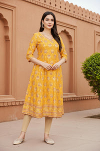 Yellow Floral Embroidered A-Line Rayon Kurta
