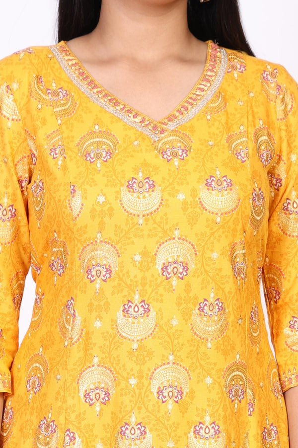 Yellow Floral Embroidered A-Line Rayon Kurta