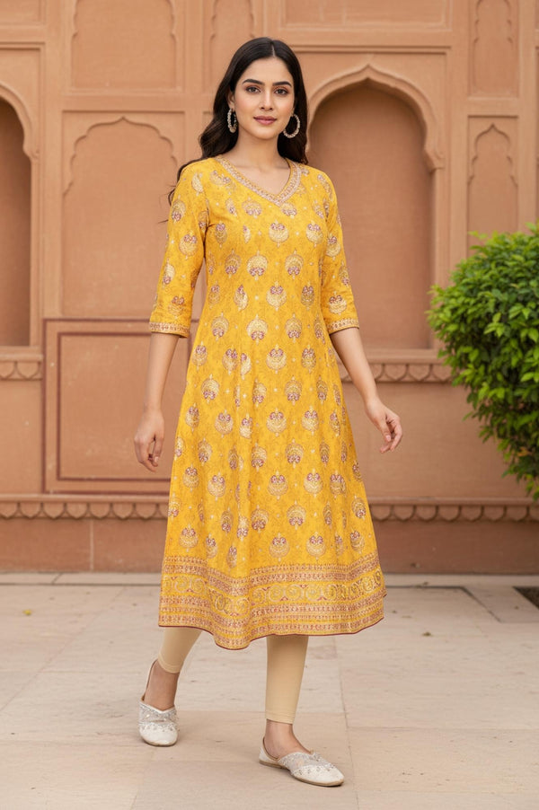 Yellow Floral Embroidered A-Line Rayon Kurta