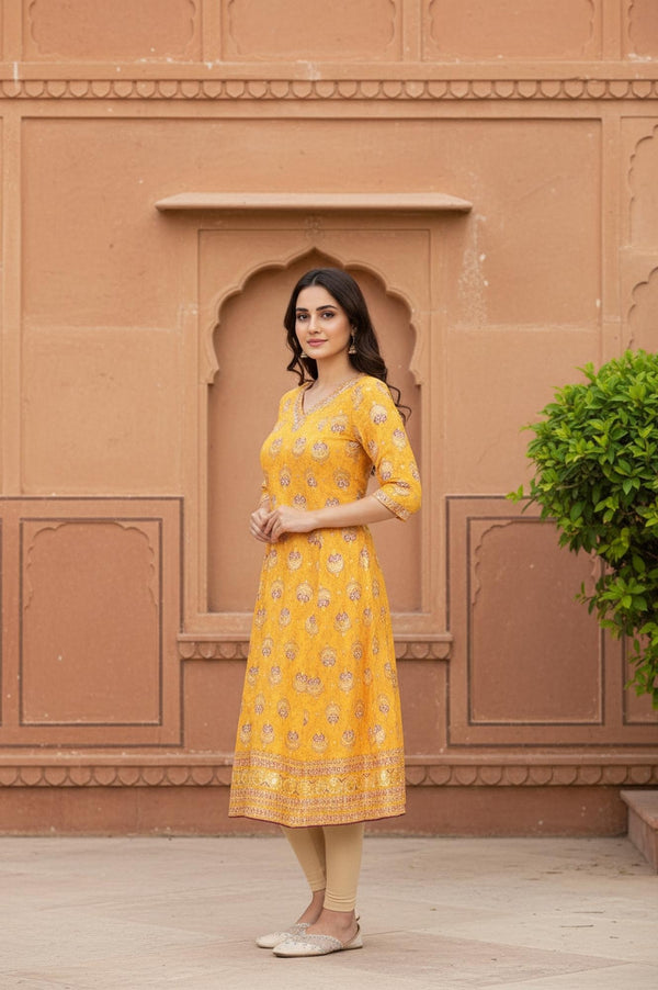 Yellow Floral Embroidered A-Line Rayon Kurta