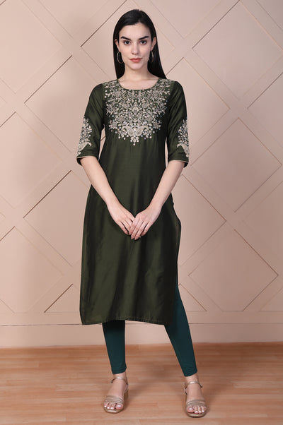Olive Green Embroidered Straight Rayon Kurta