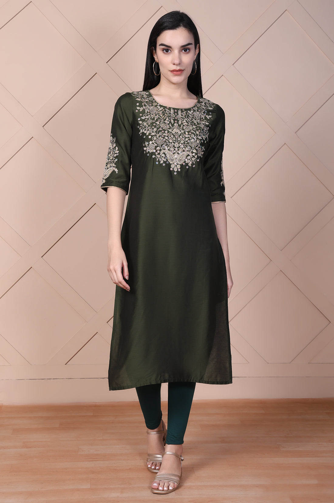 Olive Green Embroidered Straight Rayon Kurta