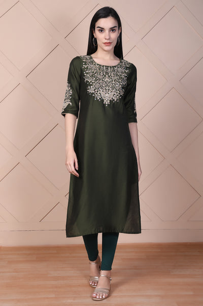 Olive Green Embroidered Straight Rayon Kurta