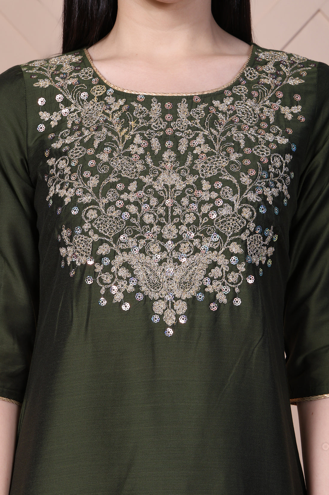 Olive Green Embroidered Straight Rayon Kurta