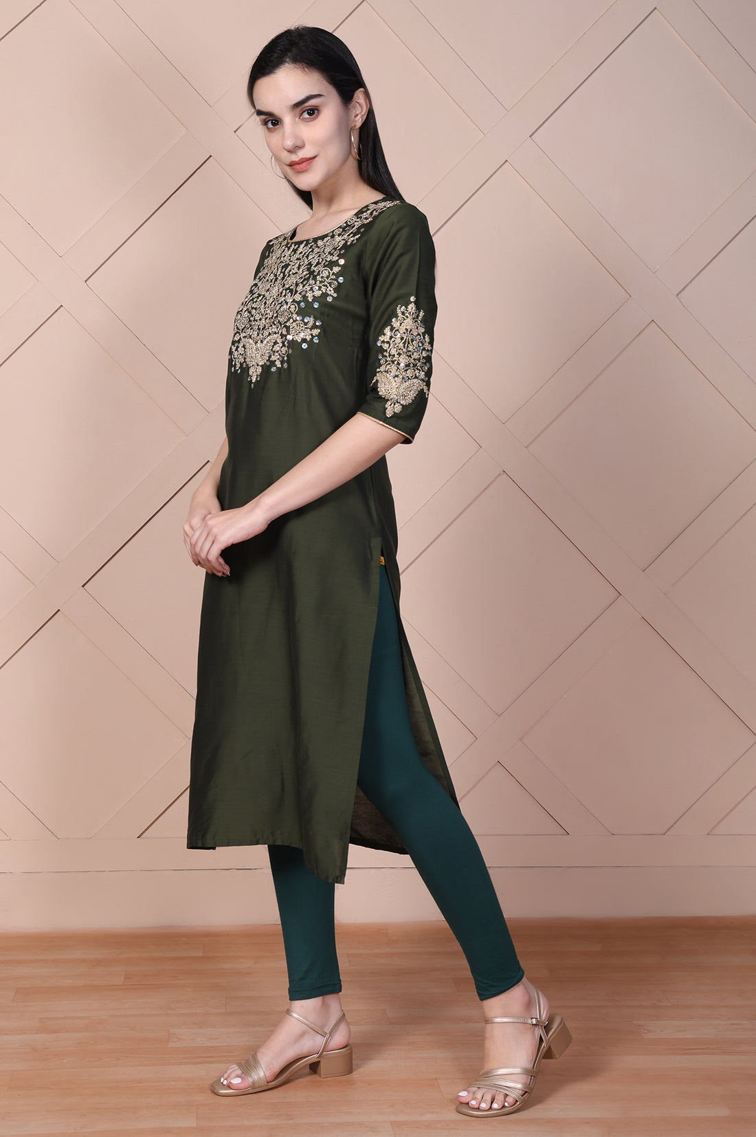 Olive Green Embroidered Straight Rayon Kurta