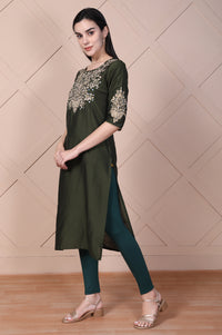 Olive Green Embroidered Straight Rayon Kurta