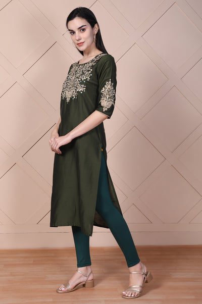 Olive Green Embroidered Straight Rayon Kurta