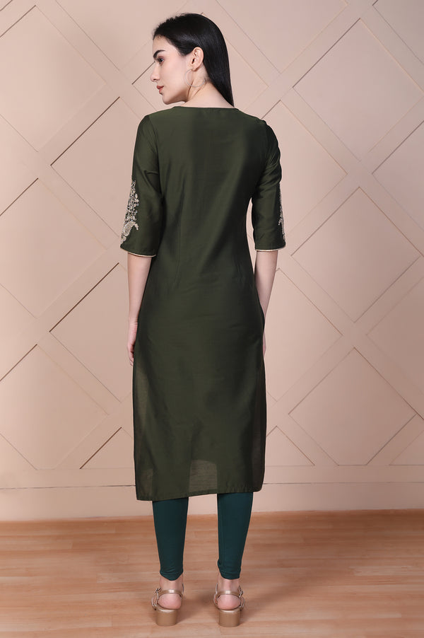 Olive Green Embroidered Straight Rayon Kurta