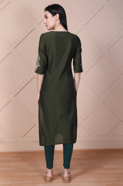 Olive Green Embroidered Straight Rayon Kurta